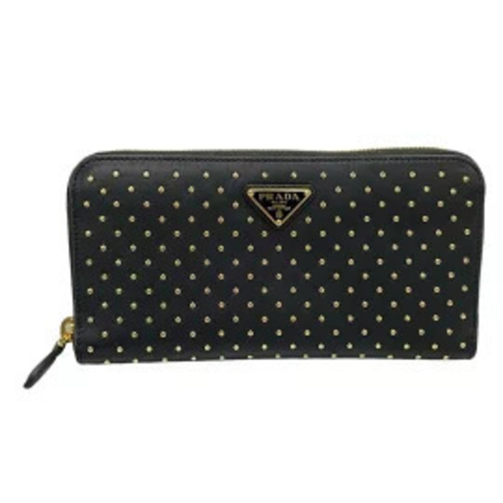 Prada Studded Leather Zip Around Long Wallet Studs Round Zipper Black Gold